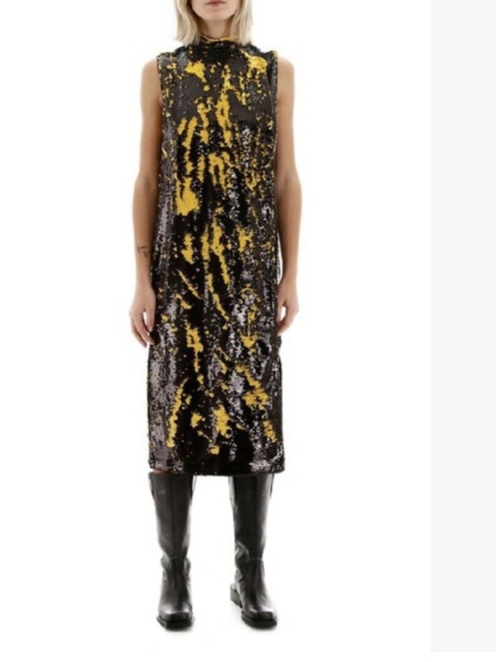 Ganni Black and Yellow Sequin Sleeveless Midi Dress